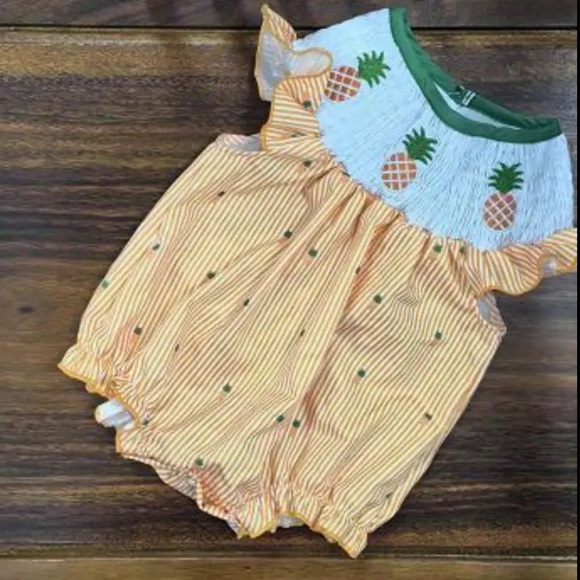 Other - RARE Pineapple Smocked Baby Girl Bubble Romper Ruffle Sleeve Summer 6 Months